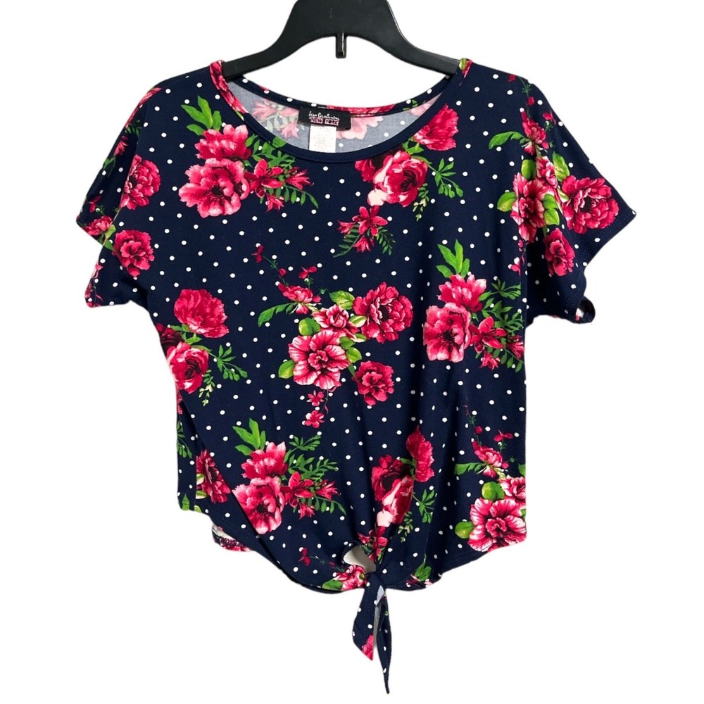 Top Fashion Of New York Women's S Navy Floral Polka Dot Tie Front T-Shirt